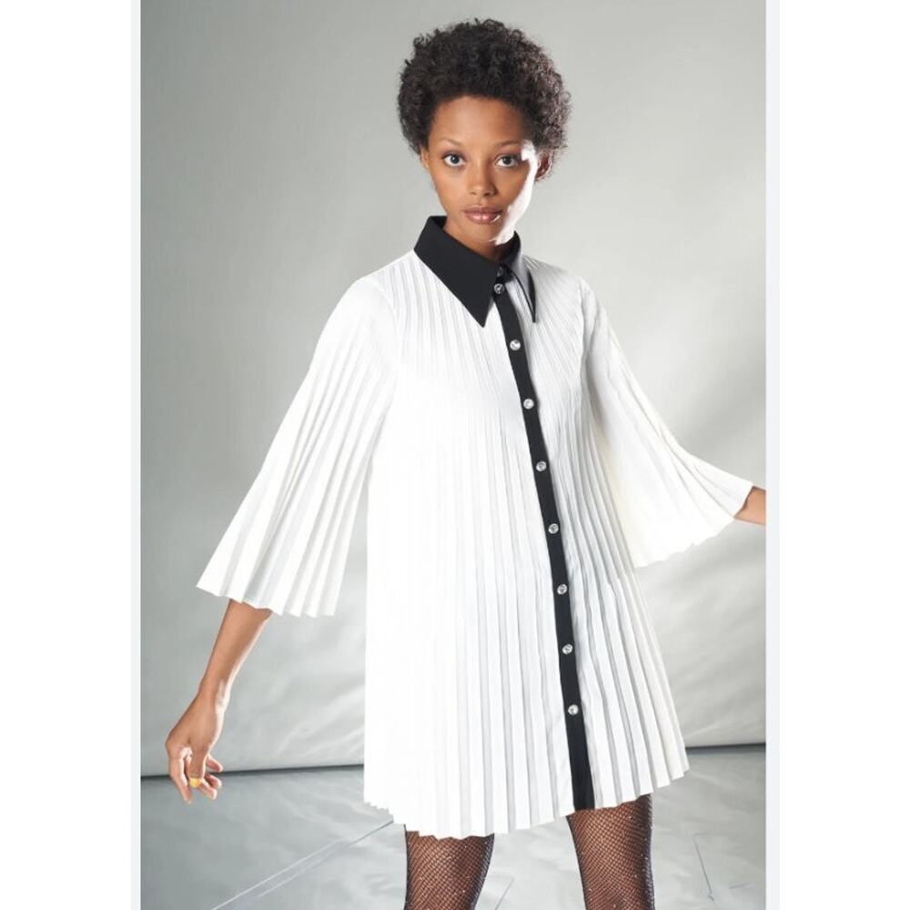 MING WANG Sz XL Black White Pleated Dress Tunic Top NWT